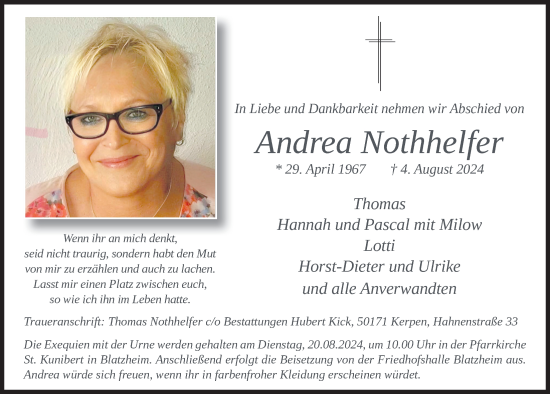 Traueranzeigen Von Andrea Nothhelfer Wirtrauern